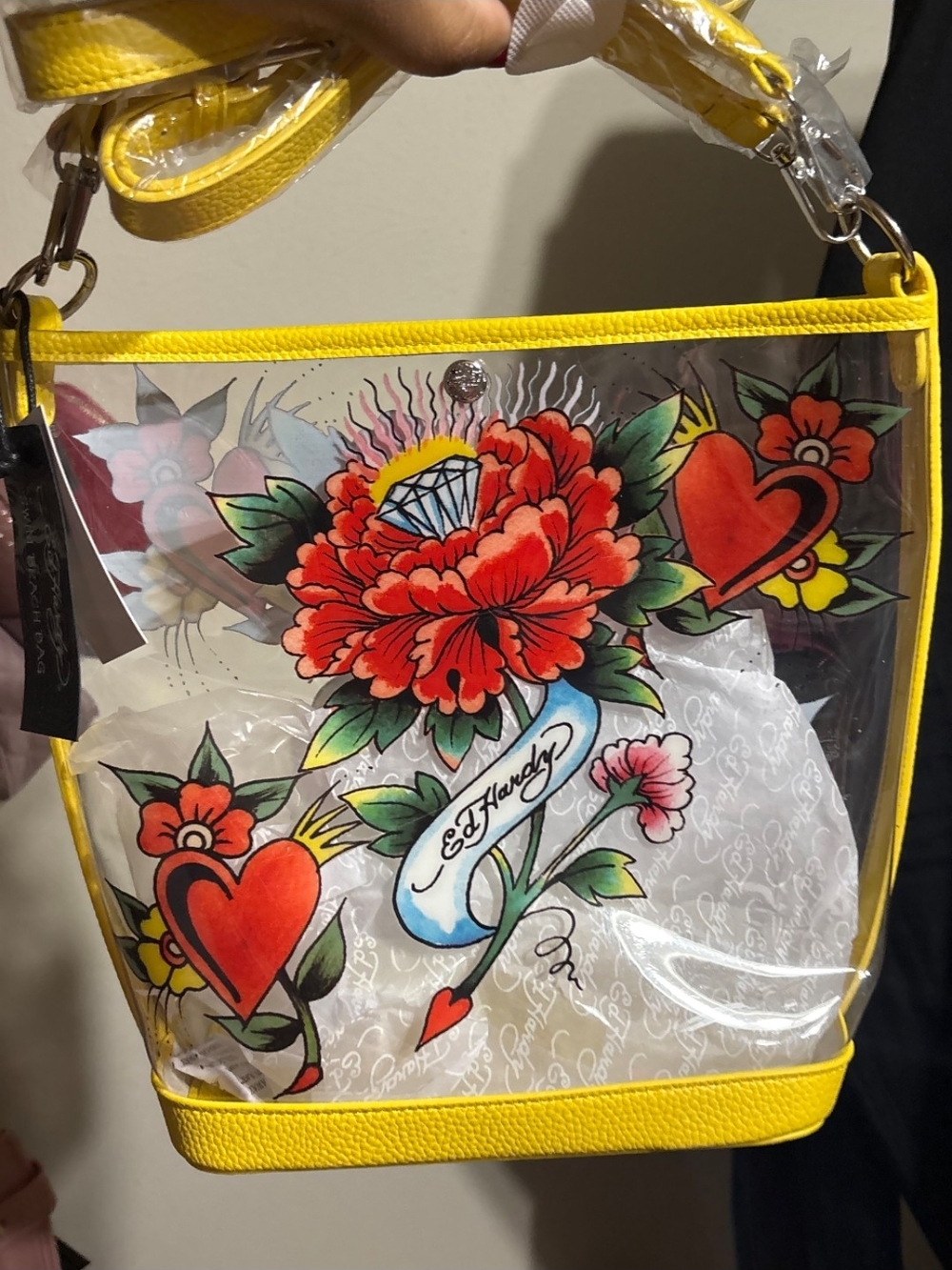 Ed Hardy Yellow Clear Crossbody with Red Floral Tattoo Motif